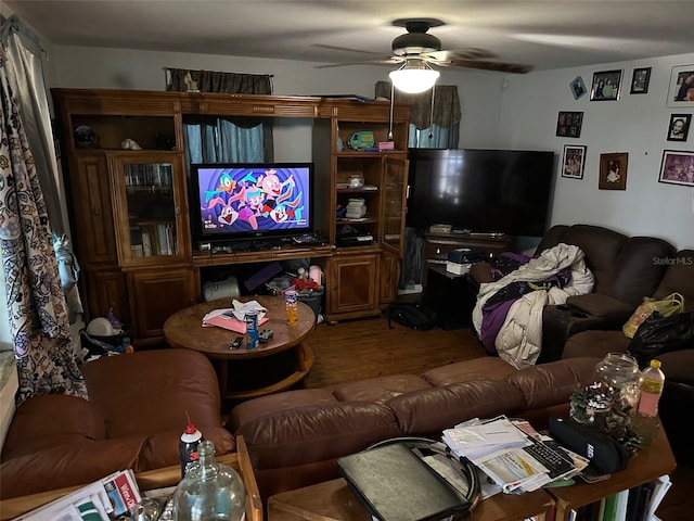 living room with ceiling fan and hardwood / wood-style flooring