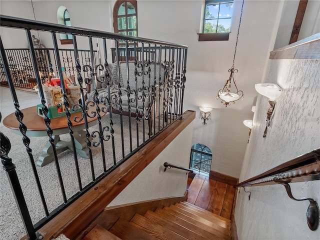 stairway with hardwood / wood-style flooring