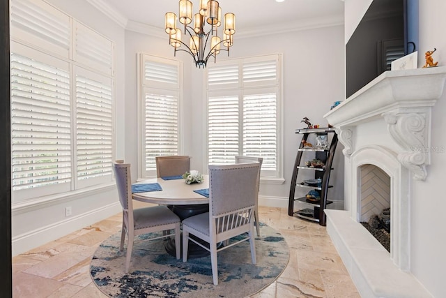 dining room featuring an inviting chandelier, ornamental molding, and light tile floors