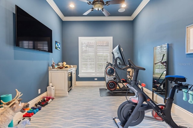 workout room with plenty of natural light, ornamental molding, ceiling fan, and carpet