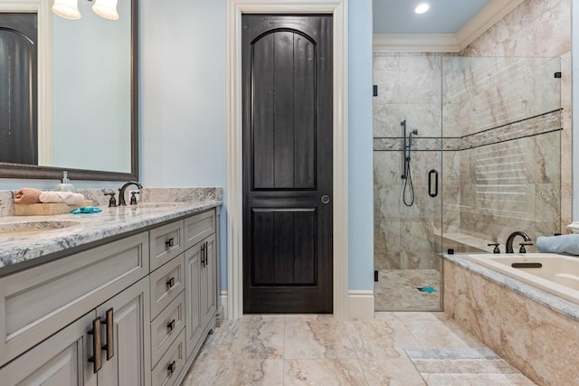 bathroom featuring crown molding, shower with separate bathtub, double sink vanity, and tile flooring