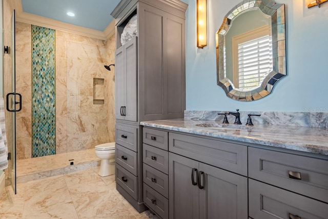 bathroom with vanity, tile floors, toilet, and walk in shower