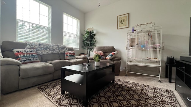 living room featuring dark carpet