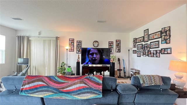 living room featuring a textured ceiling