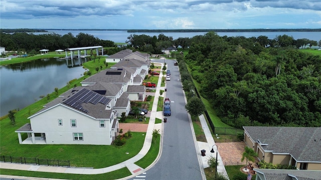 aerial view featuring a water view