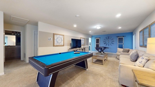 game room with light carpet and pool table