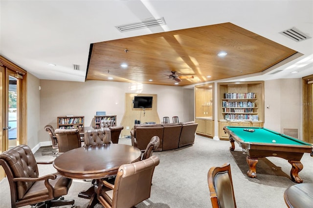 playroom with ceiling fan, built in features, wooden ceiling, billiards, and light carpet