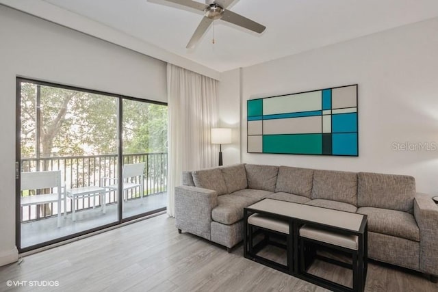 living room with light hardwood / wood-style floors, ceiling fan, and a healthy amount of sunlight