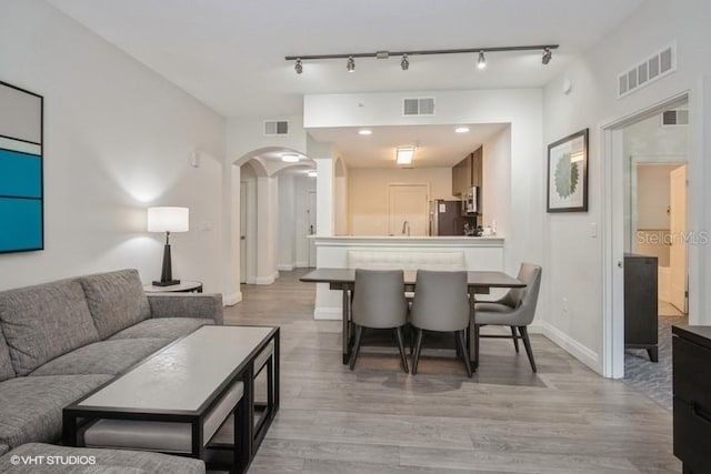 living room with light hardwood / wood-style floors and track lighting