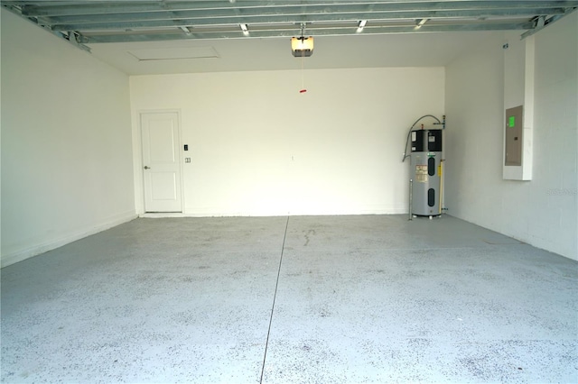 garage with a garage door opener and water heater