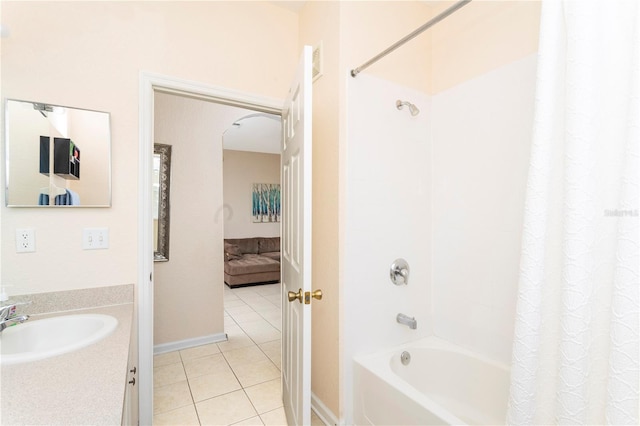 bathroom with tile floors, shower / tub combo, and vanity