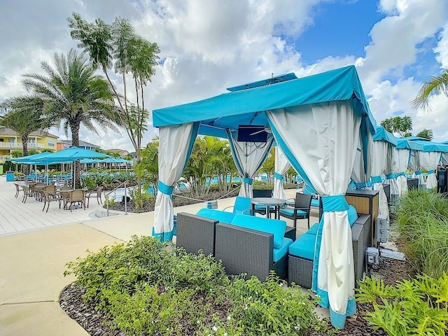 exterior space with a gazebo and outdoor lounge area