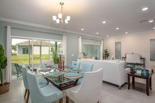 tiled dining space featuring crown molding and a notable chandelier