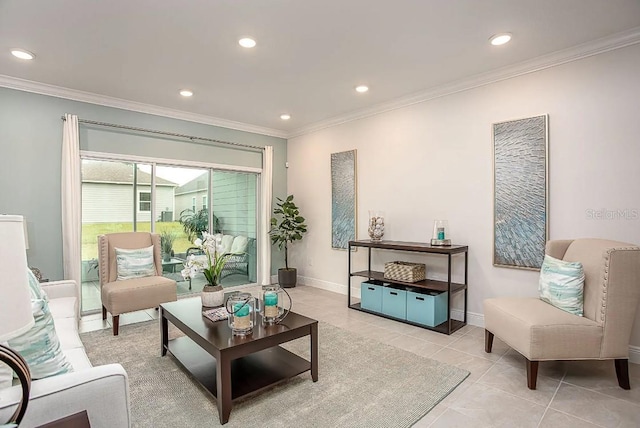 living room with crown molding and light tile patterned flooring