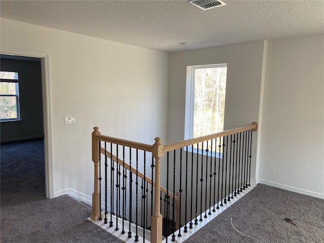 stairs with a textured ceiling and carpet