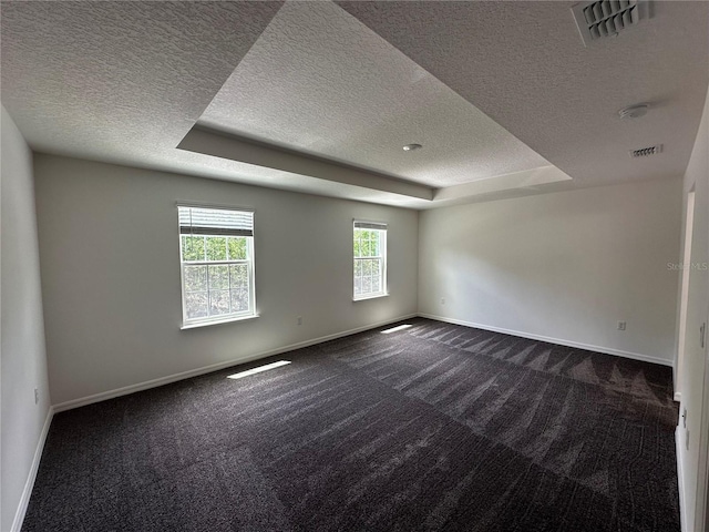 carpeted spare room featuring a raised ceiling and a textured ceiling