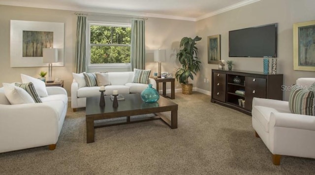 carpeted living room with crown molding