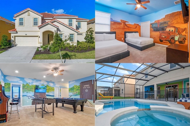 view of swimming pool with an in ground hot tub, a lanai, ceiling fan, and a patio area