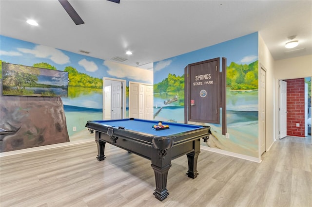 game room featuring billiards, ceiling fan, and light hardwood / wood-style flooring