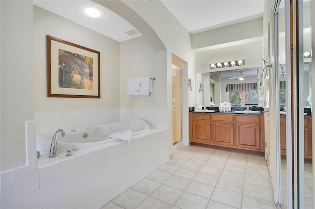 bathroom featuring vanity, ceiling fan, tile patterned floors, and separate shower and tub