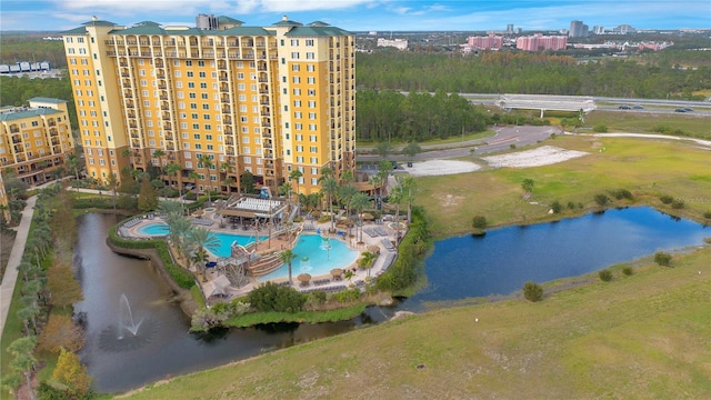 drone / aerial view featuring a water view