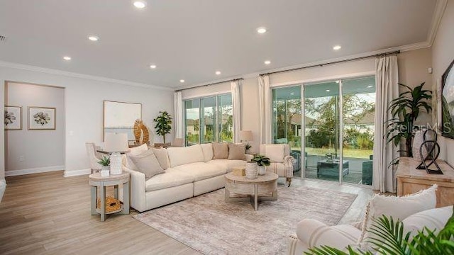 living room with crown molding and light wood-type flooring