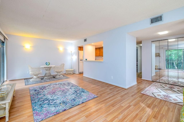 interior space featuring a textured ceiling and light wood-type flooring