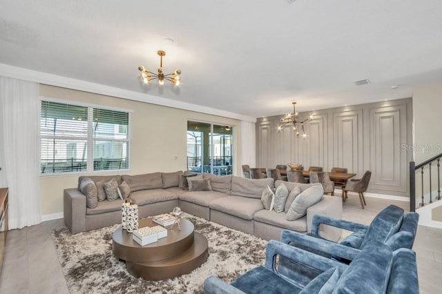 living room featuring a chandelier