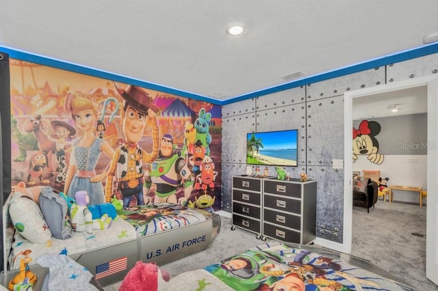 bedroom with light colored carpet