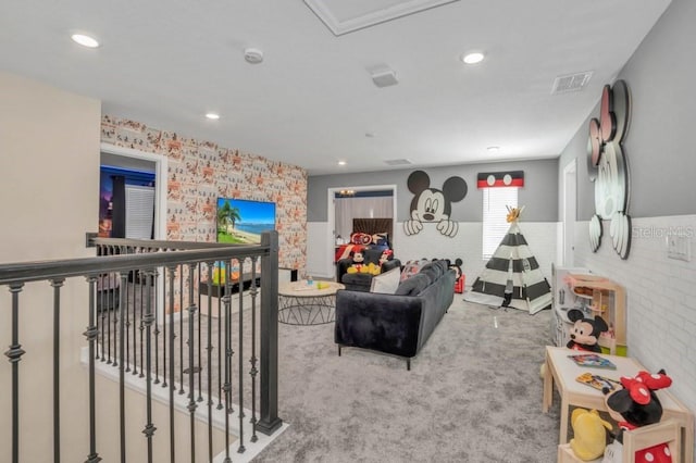 living room featuring light colored carpet