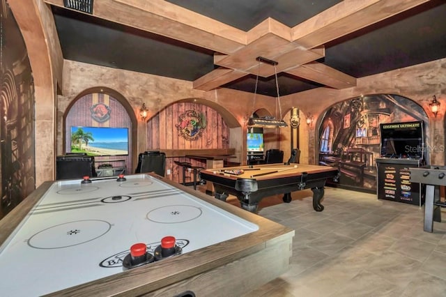 rec room with bar, light tile flooring, and pool table