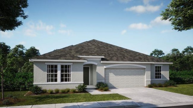 single story home featuring a garage, roof with shingles, concrete driveway, and stucco siding