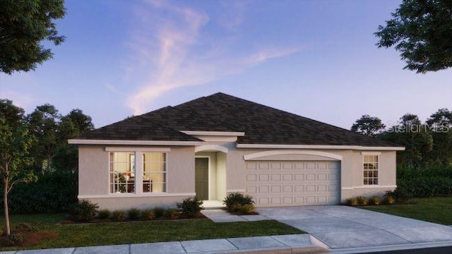 ranch-style home featuring a garage, concrete driveway, a shingled roof, and stucco siding