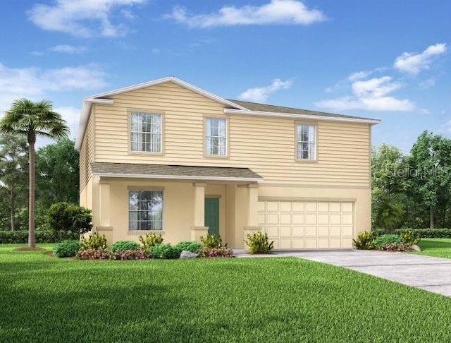 view of property with a garage and a front yard