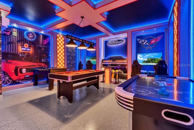 recreation room with coffered ceiling and pool table