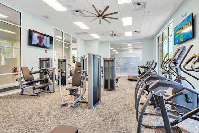 workout area featuring light carpet, a healthy amount of sunlight, a paneled ceiling, and ceiling fan