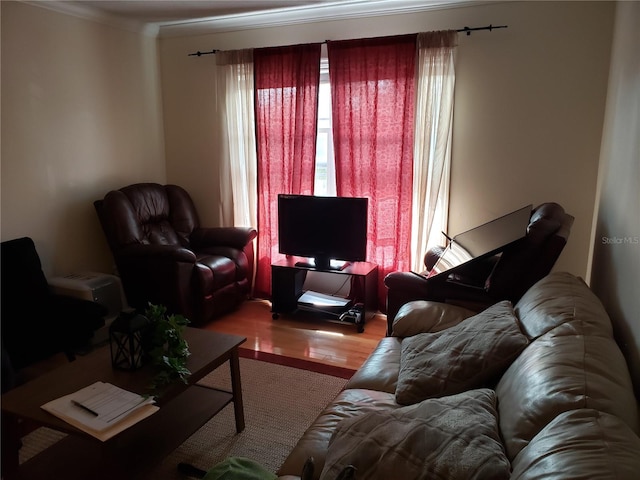 living room featuring ornamental molding and light wood-type flooring