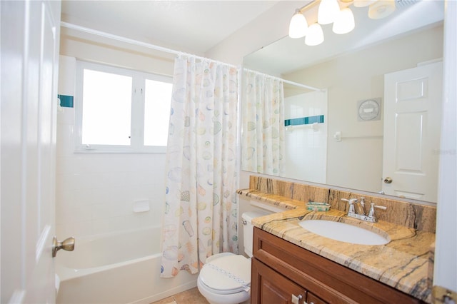 full bath with toilet, shower / bathtub combination with curtain, and vanity