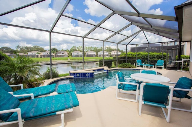 pool featuring a patio, a lanai, a jacuzzi, a water view, and a residential view