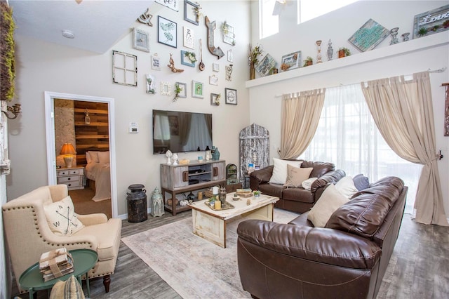 living area with a towering ceiling, a wealth of natural light, and wood finished floors