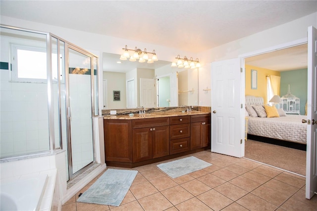 full bath featuring a shower stall, ensuite bath, a bath, and tile patterned floors