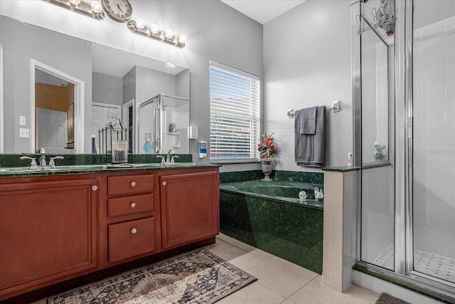 bathroom with tile flooring, plus walk in shower, double sink, and oversized vanity