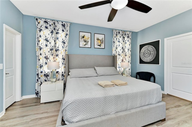 bedroom featuring ceiling fan and light wood-type flooring