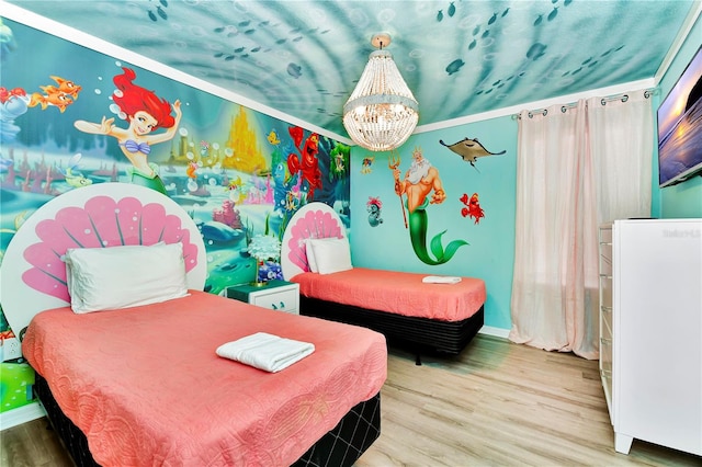 bedroom featuring a notable chandelier and light wood-type flooring