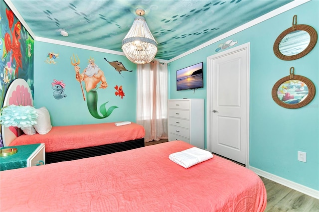 bedroom featuring an inviting chandelier, ornamental molding, and hardwood / wood-style flooring