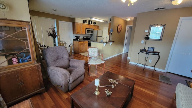 living room with a textured ceiling, dark hardwood / wood-style floors, and sink