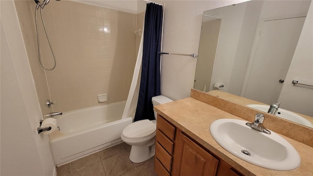 full bathroom featuring tile floors, toilet, vanity, and shower / tub combo with curtain