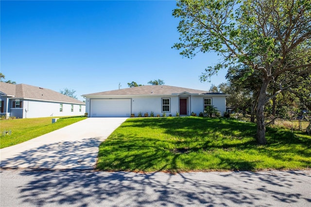 ranch-style home with a front lawn and a garage