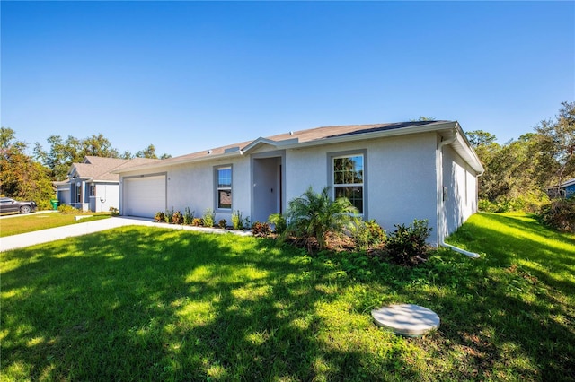 single story home with a front lawn and a garage