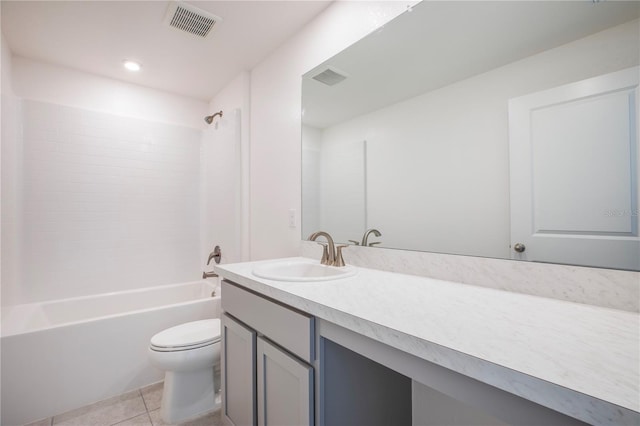 full bathroom with tile patterned flooring, shower / tub combination, vanity, and toilet